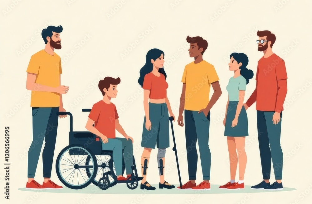 Obraz premium Diverse people with disabilities. Man sitting in a wheelchair, girls with prosthetics and a blind man with a stick, man with crutches