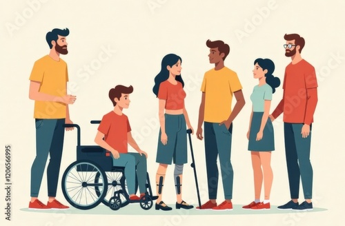 Diverse people with disabilities. Man sitting in a wheelchair, girls with prosthetics and a blind man with a stick, man with crutches