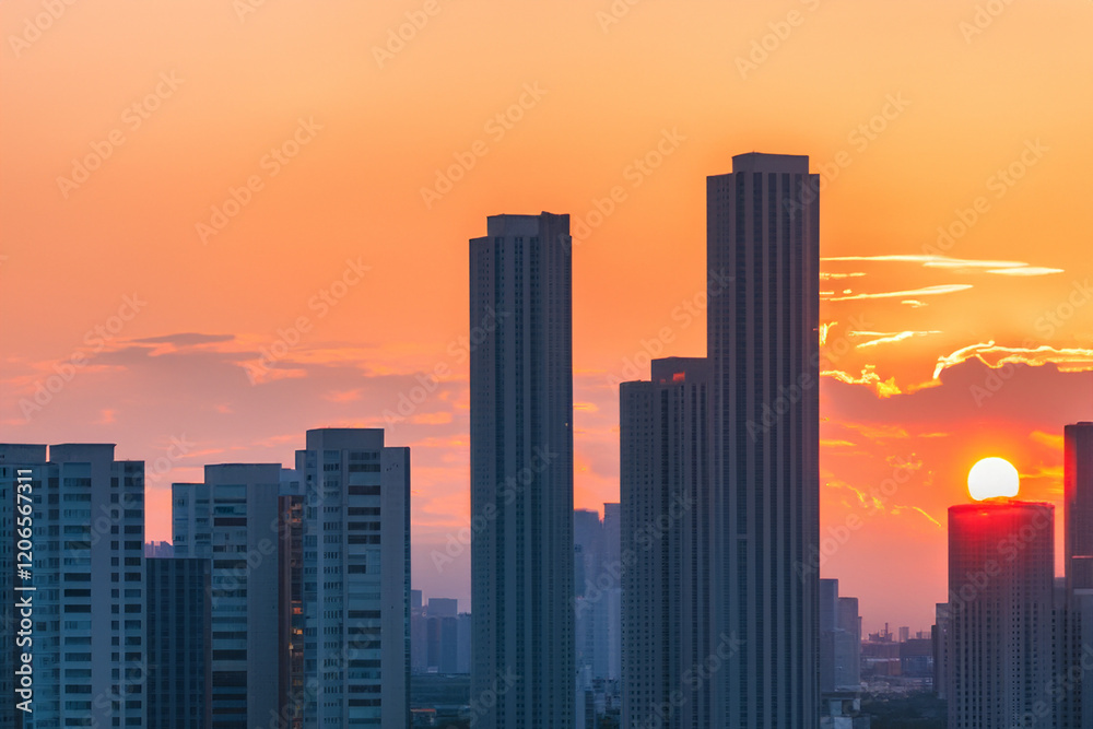 Panoramic skyline and modern commercial buildings with sunset views