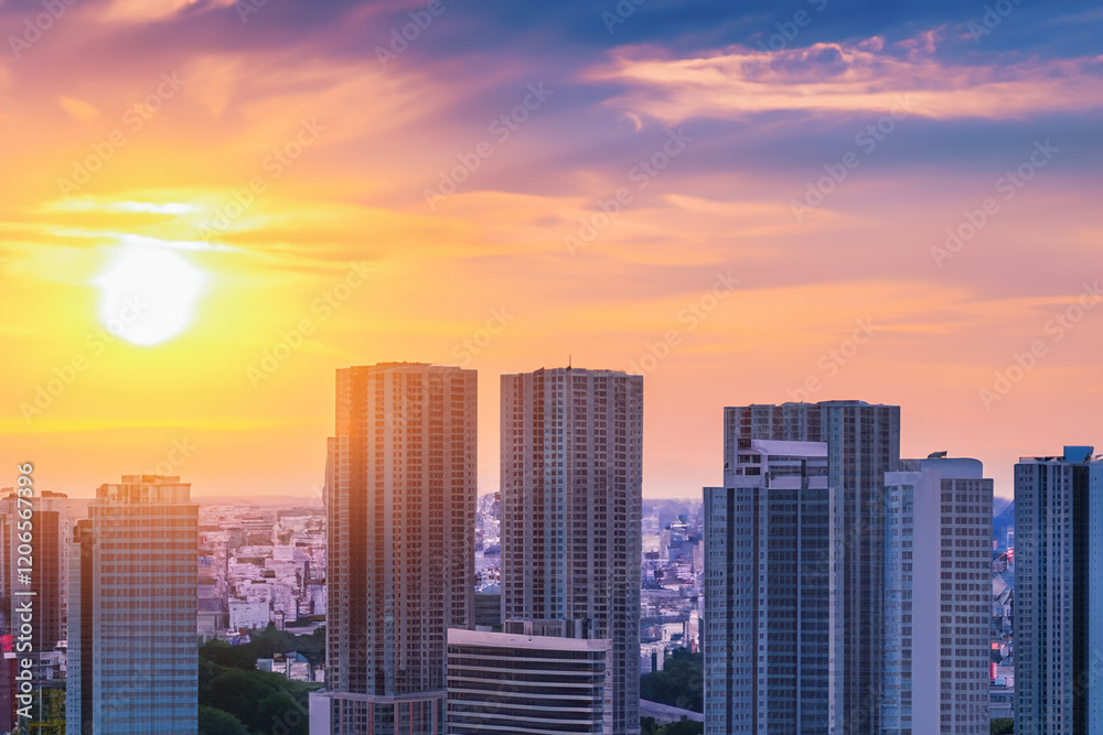 Fototapeta premium Panoramic skyline and modern commercial buildings with sunset views