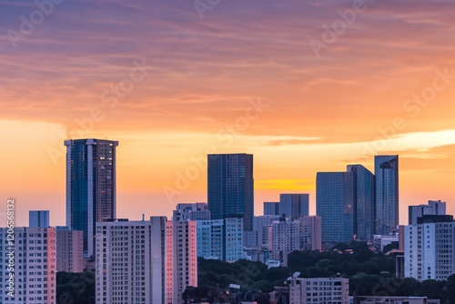 Panoramic skyline and modern commercial buildings with sunset views