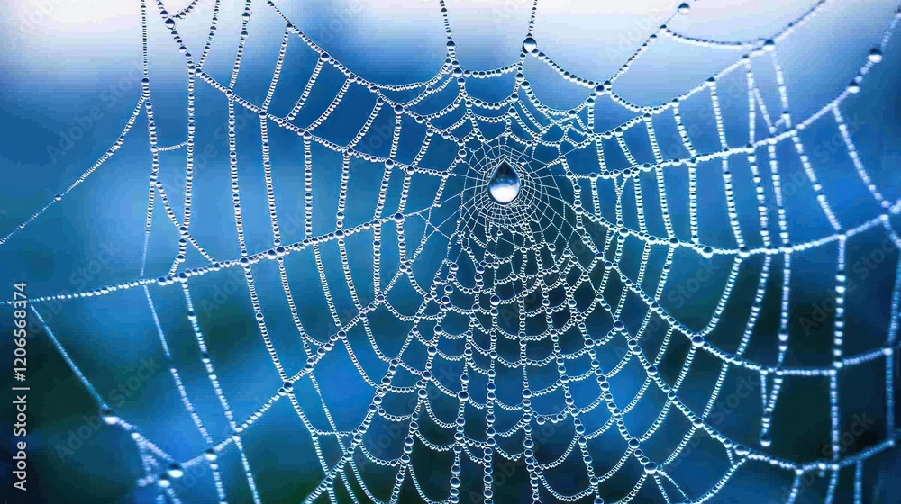 Naklejka premium Dew-covered spiderweb with intricate design against a blurred blue background.