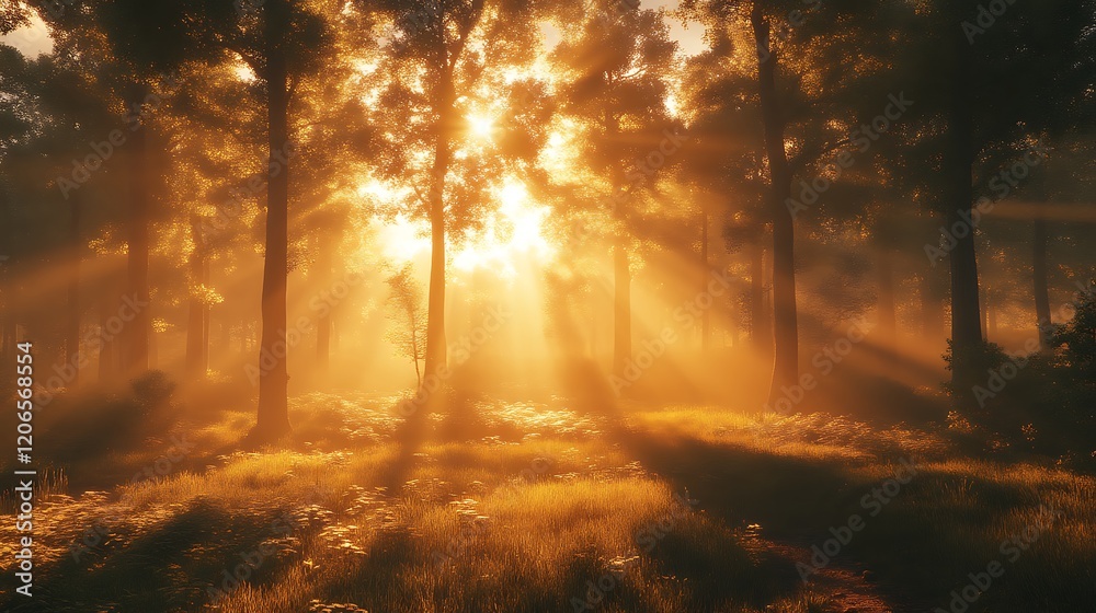Golden sunrise rays pierce misty forest. Golden sunrise rays pierce misty forest.