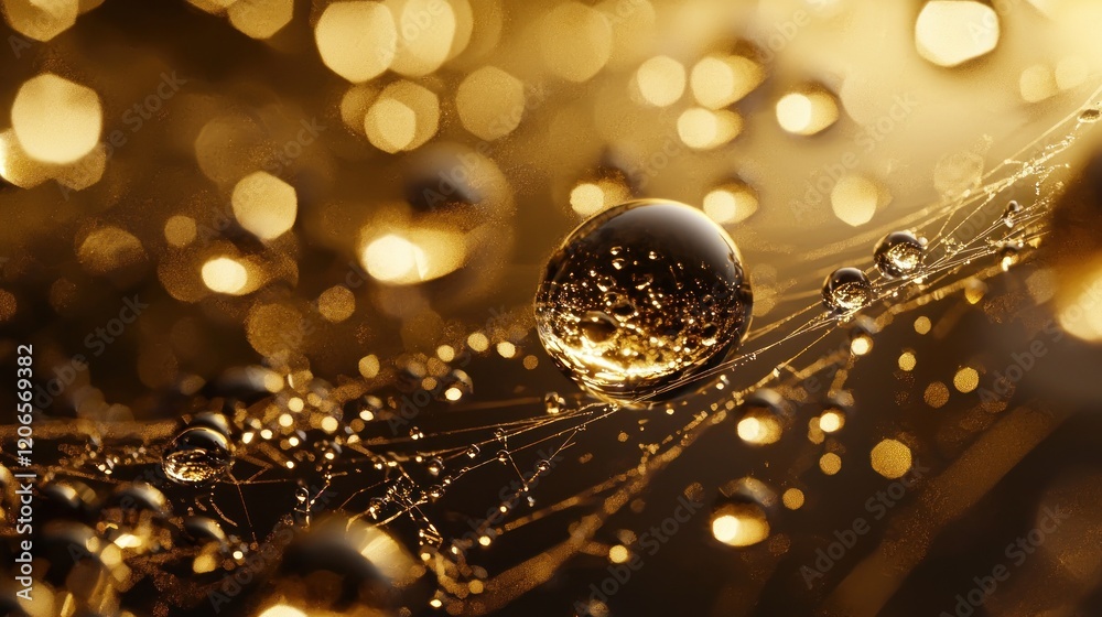 Golden dew drops on spiderweb, bokeh background.