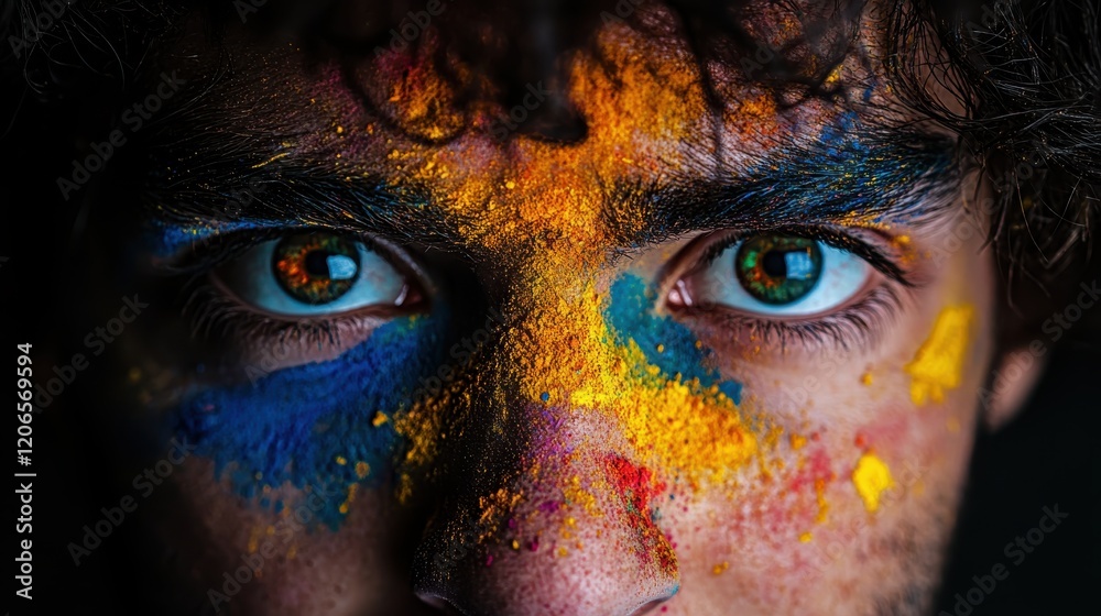 Naklejka premium A close-up portrait of a person s face covered in vivid Holi powders, set against a deep shadow background for striking contrast