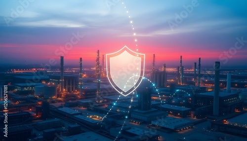 Dusk's Embrace: Factory Complex Under Digital Shield glow warm data   