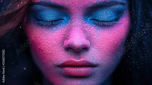A close-up portrait of a person s face covered in vivid Holi powders, set against a deep shadow background for striking contrast