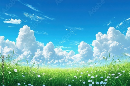Vibrant green field with white flowers under a bright blue sky filled with fluffy clouds. Perfect for illustrating idyllic summer days, peaceful nature scenes, or carefree childhood memories.