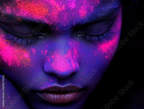 A close-up portrait of a person s face covered in vivid Holi powders, set against a deep shadow background for striking contrast photo