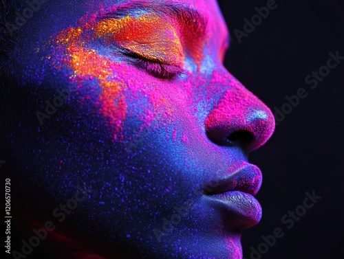 A close-up portrait of a person s face covered in vivid Holi powders, set against a deep shadow background for striking contrast photo