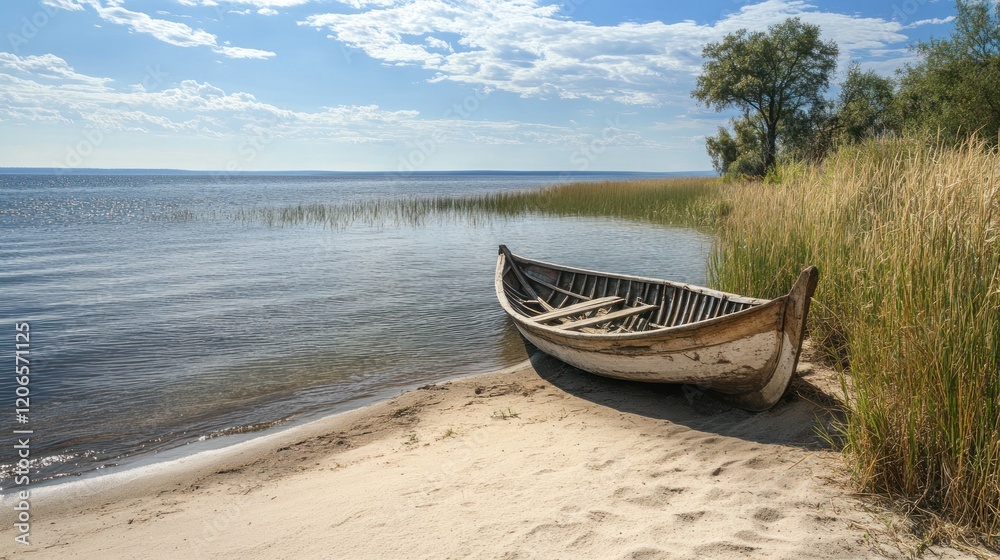 Serene Lakeside Serenity: An Old Wooden Rowboat on a Sandy Shore Serene Lakeside Serenity: An Old Wooden Rowboat on a Sandy Shore