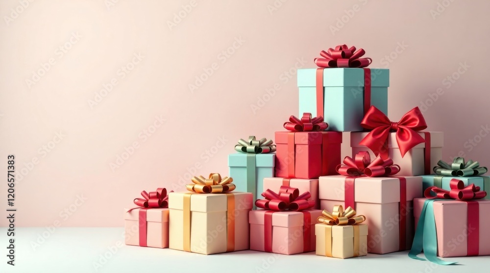 Obraz premium A Festive Array of Pastel-Colored Presents with Vibrant Ribbons, Stacked in a Pyramid Shape on a Soft Pink Background