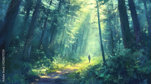 Enchanted Forest Path: A Solitary Figure Walks Towards the Light