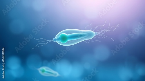 Microscopic view of a single-celled organism, possibly a flagellate protozoan, swimming in a fluid. photo