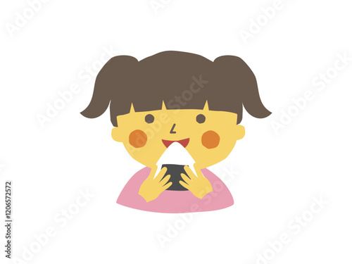 新米のおにぎりを食べる女の子