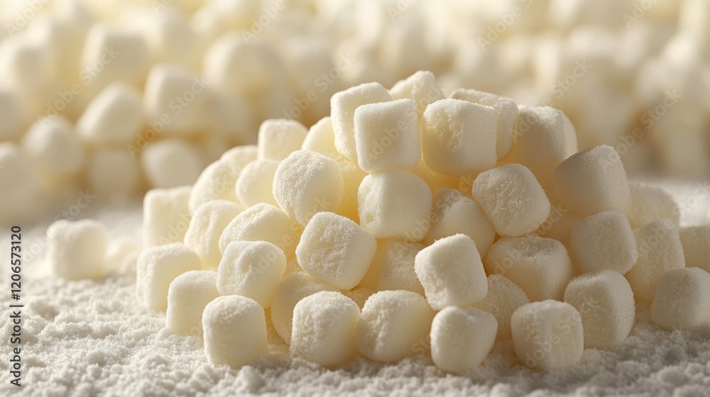 Mini marshmallows baking, flour background Mini marshmallows baking, flour background