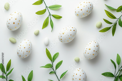 Easter eggs nestled among leaves on white background. photo