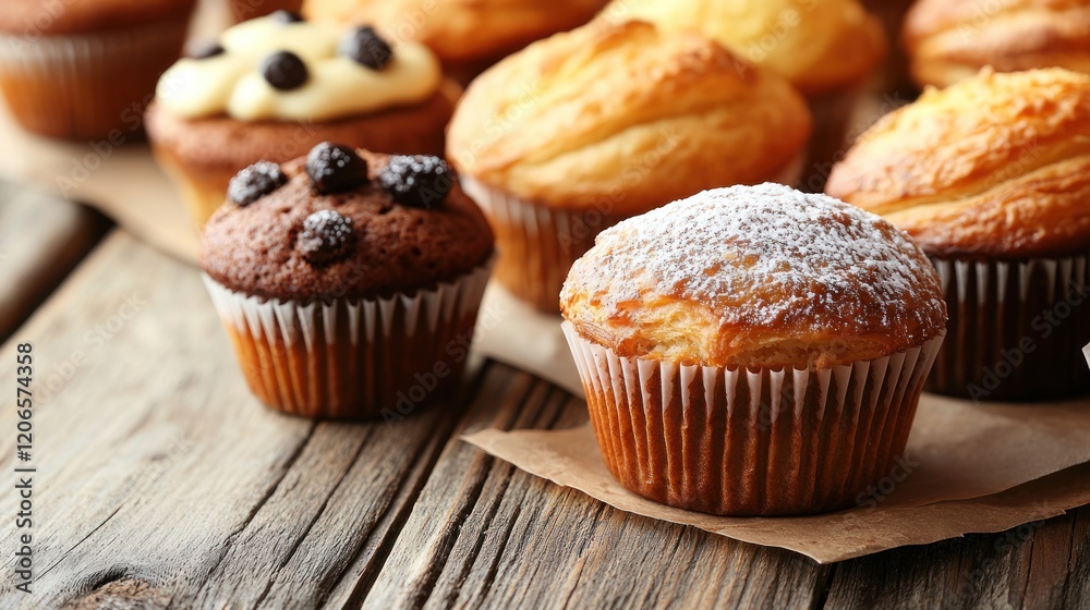 Assorted delicious muffins on wooden table. Assorted delicious muffins on wooden table.