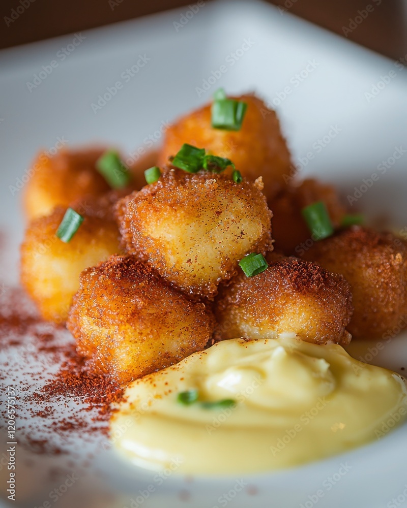 Crispy Golden Potato Bites with Creamy Dip Garnished with Chives Crispy Golden Potato Bites with Creamy Dip Garnished with Chives