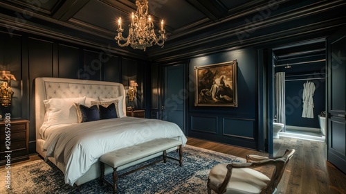 Opulent Master Bedroom Suite: Dark Navy Walls, Crystal Chandelier, and Plush Bedding
