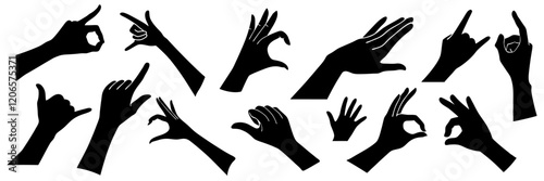 silhouette of hands. collection of human hands of different gestures