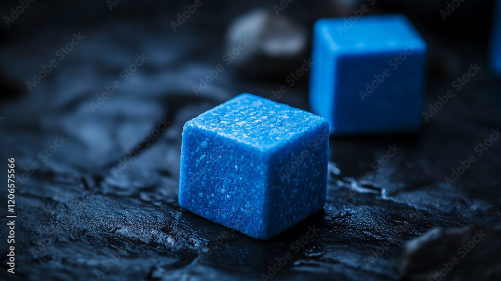 Bright blue sugar cubes on dark stone surface create striking contrast in a modern kitchen Bright blue sugar cubes on dark stone surface create striking contrast in a modern kitchen