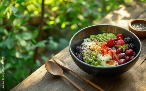 A macrobiotic breakfast bowl, in a zen-inspired dining area, emphasizing the balance and simplicity of macrobiotic diets