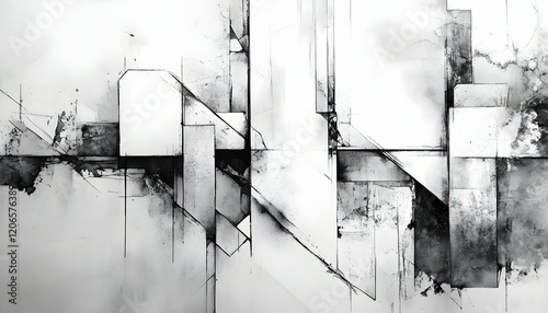 Abstract grayscale artwork featuring geometric shapes, lines, and textures; evokes a sense of modern architecture or urban landscapes.