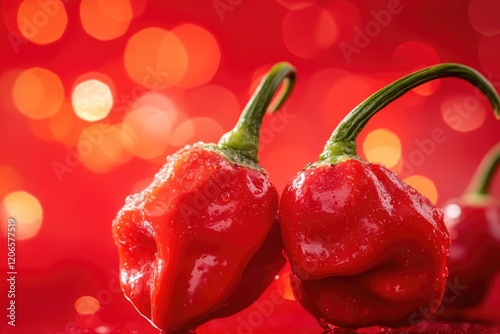 Two Red Hot Peppers Glisten With Water Droplets photo