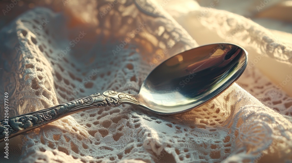 Fototapeta premium Ornate silver spoon on delicate lace fabric.