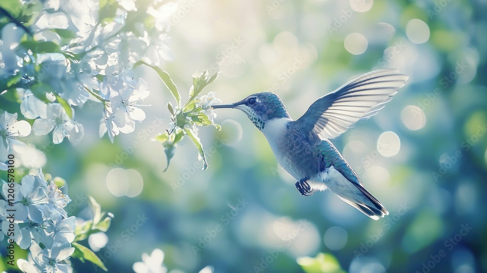 Fototapeta premium Hummingbird feeding on blossoms in spring.