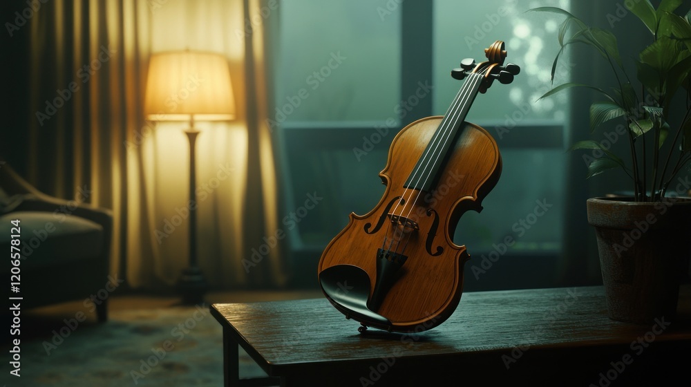 Fototapeta premium Violin resting on a coffee table in a dimly lit room.