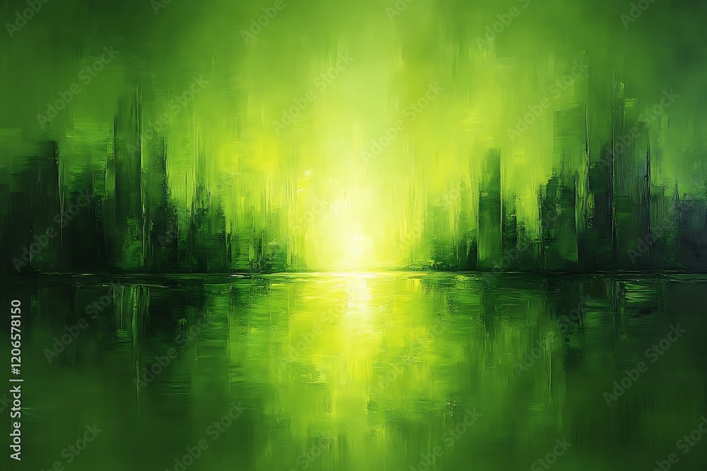 Obraz premium Green city skyline reflected in calm water at sunrise.