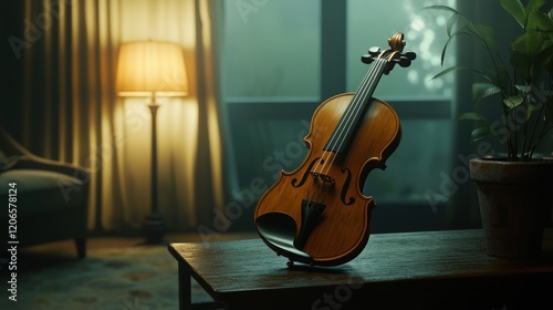 Violin resting on a coffee table in a dimly lit room.