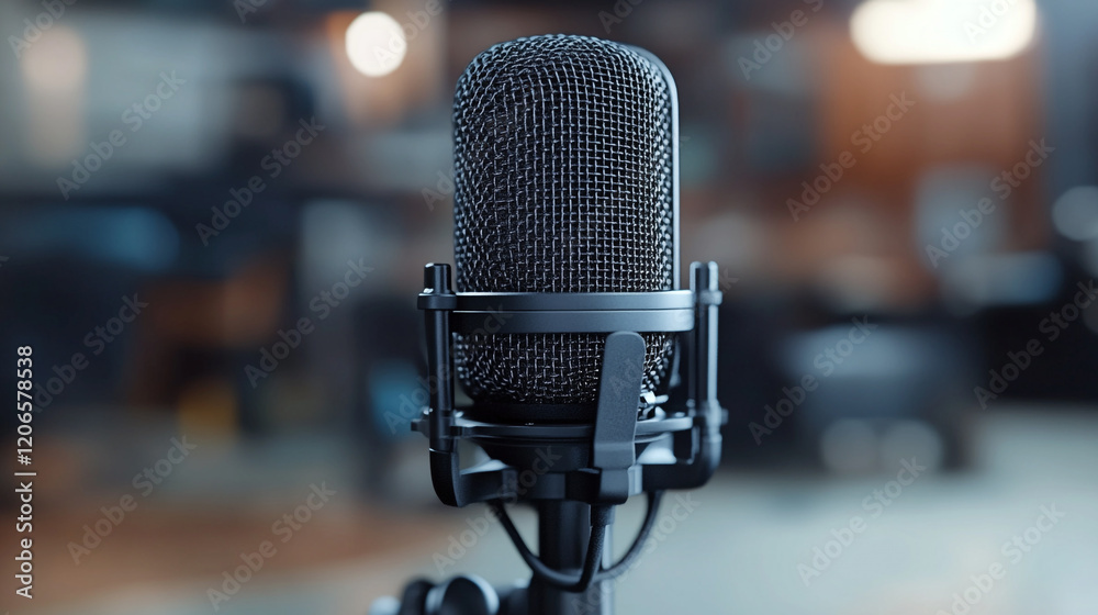 High-quality microphone positioned for podcast recording in a cozy studio environment High-quality microphone positioned for podcast recording in a cozy studio environment