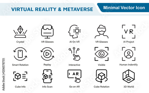 Virtual Reality and Metaverse Icon Set. A cutting-edge collection of icons designed to enhance immersive experiences, perfect for VR apps, gaming platforms, and digital worlds.