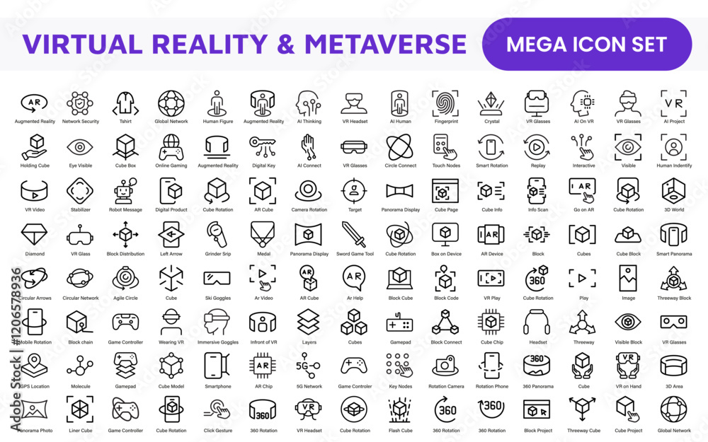 Virtual Reality and Metaverse Icon Set. A cutting-edge collection of icons designed to enhance immersive experiences, perfect for VR apps, gaming platforms, and digital worlds.