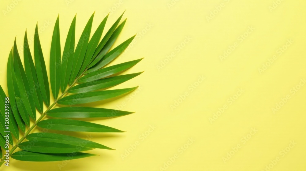Fototapeta premium Vibrant Green Palm Frond on a Sunny Yellow Background, Perfect for Summer Designs and Tropical Themed Projects