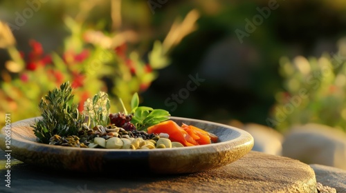 A macrobiotic diet plate, in a peaceful, zen-inspired setting
