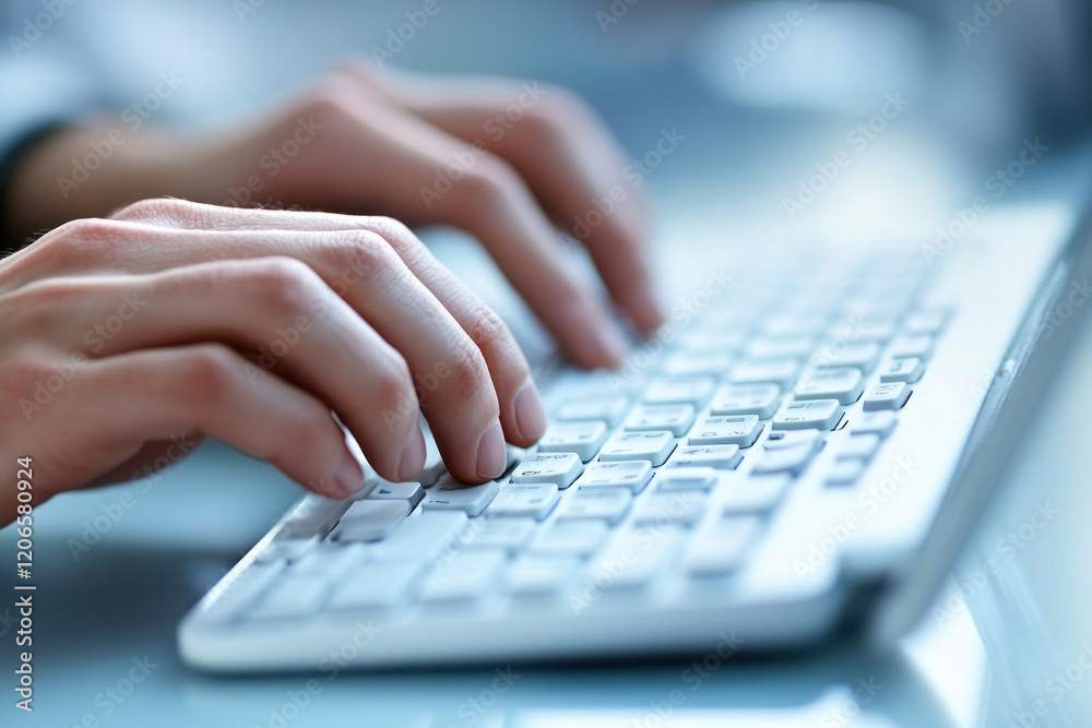 Person typing energetically on a backlit keyboard late at night in a dimly lit room, surrounded by scattered papers and a steaming cup of coffee. Person typing energetically on a backlit keyboard late at night in a dimly lit room, surrounded by scattered papers and a steaming cup of coffee.