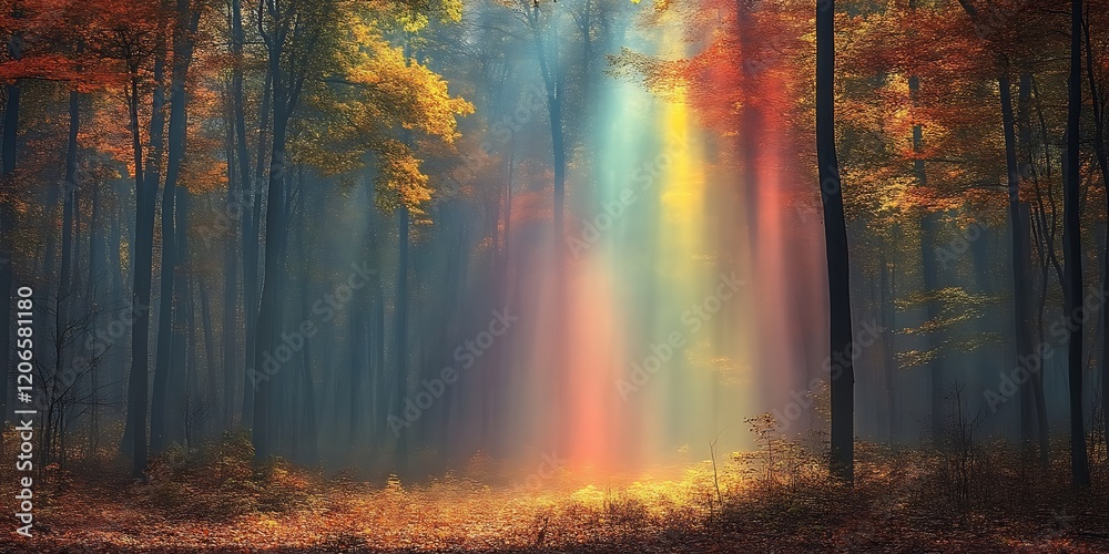 Autumn forest path, rainbow light, misty background, fantasy art