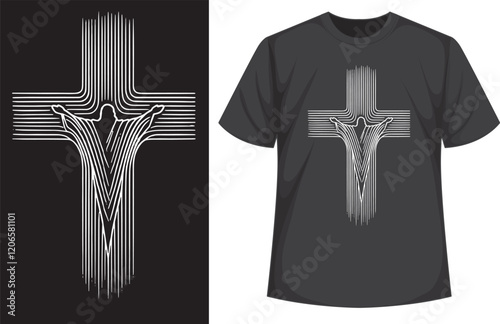 Minimalist T-shirt design featuring a white geometric cross with a human silhouette in the center, symbolizing faith and spiritual harmony. Elegant and modern aesthetic for inspirational wear.