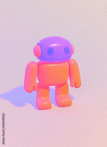 An illustration of a toy robot in pastel glowing colors.. Generative AI