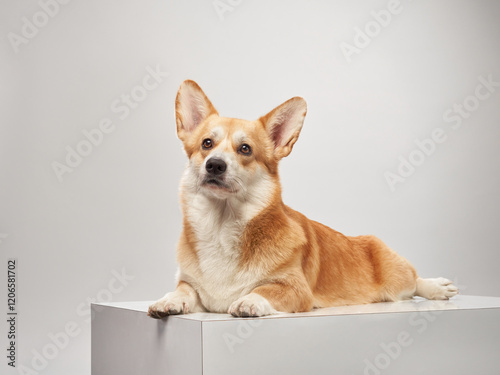 A Corgi is lying down on a white platform against a plain gray background. The dog looks calm and relaxed. photo