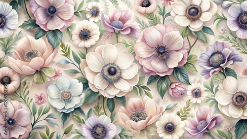 A Delicate Tapestry of Pastel Anemones and Delicate Foliage, Arranged in a Harmonious and Elegant Floral Composition Featuring Soft Hues and Intricate Details