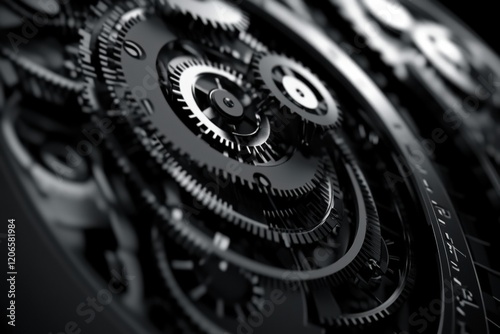 Intricate clockwork gears interlock precisely. Illustrates complex systems, precision, and time.
