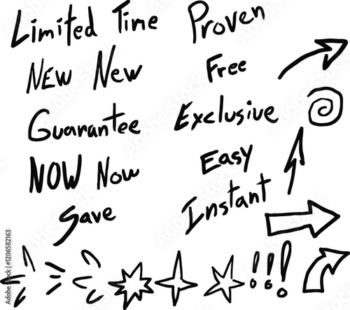 Hand drawn marketing terms buzzwords for product selling with doodle arrows, stars and action lines vector illustration. Hand written.