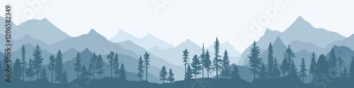 Mountain ranges and forest in the morning mist, panoramic view, vector illustration