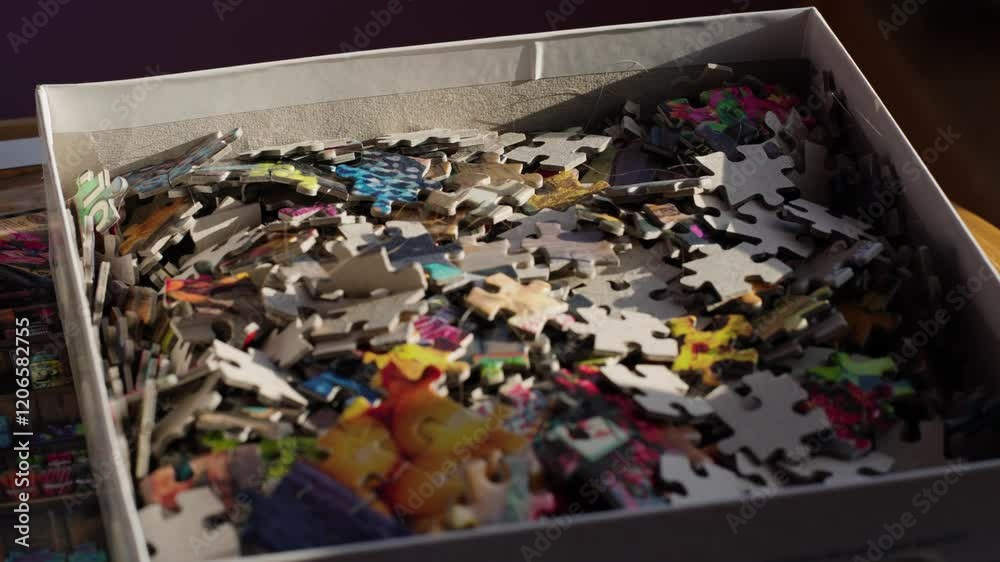 Jigsaw Puzzle pieces in their box in morning light. Handheld slow motion. Jigsaw Puzzle pieces in their box in morning light. Handheld slow motion.