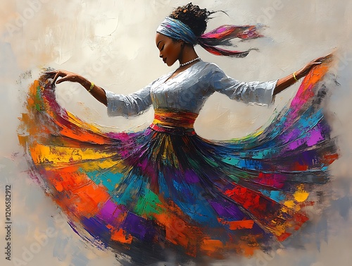 African woman dancing colorful skirt, art